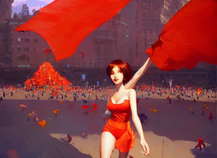 Prompt: gorgeous bright girl waving a red flag over her head running through Mandelbrot fractal crowd by Craig Mullins, ilya kuvshinov, krenz cushart, artgerm trending on artstation by Edward Hopper and Dan Mumford and WLOP and Rutkovsky, Unreal Engine 5, Lumen, Nanite