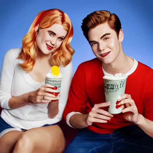 Image similar to Archie Andrews sharing a milkshake with Betty Cooper