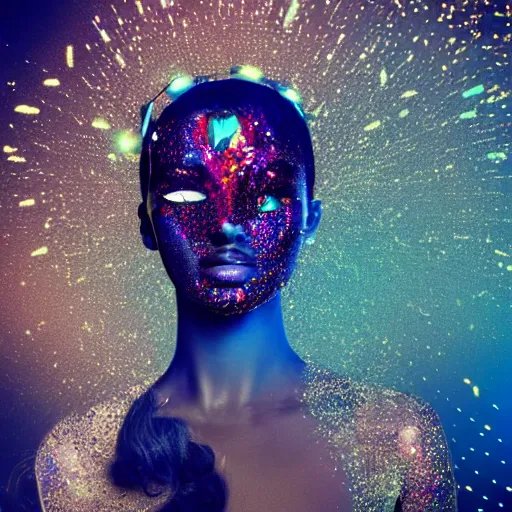 Image similar to portrait of a beautiful futuristic woman layered with high-tech jewelry wrapping around her face and head, golden-silver light with tiny blue, gold, and red gems scattered like dust, white lace background