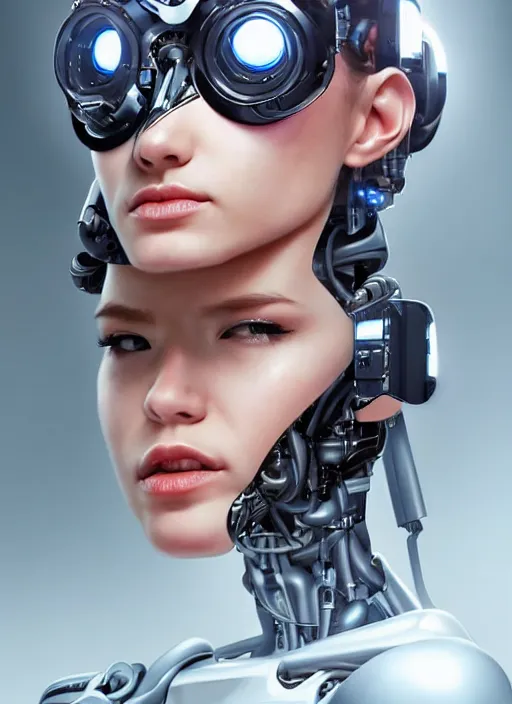 Prompt: portrait of a cyborg woman who turns her head to the ((((((right))))) left+2 (((((up))))) (((((down))))) by Artgerm,eyes closed , biomechanical, hyper detailled, trending on artstation