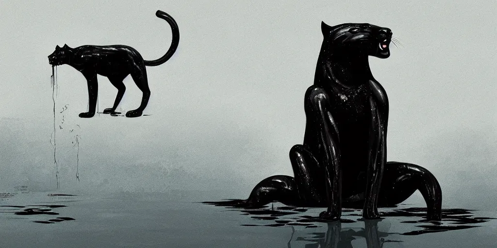 Image similar to a panther, made of smooth black goo, bathing in the tar lake, viscous, sticky, full of tar, covered with black goo. concept art, painting, animal drawing, wildlife photography, black goo, cinematic, in the style of cory loftis