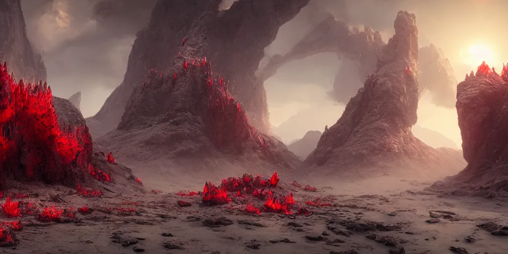 Prompt: a epic landscape full of big red crystals spikes emerging from the ground, concept art, octane render, unreal engine 5, trending on artstation, greg rutkowski, hyperrealistic, highly detailed, high quality, 8 k, dramatic lighting, cinematic, high coherence, high contrast, digital art, high definition, path traced, night