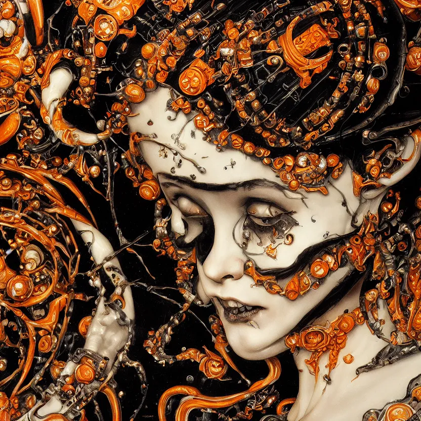 Image similar to a dark baroque close - up portrait of an ornate orange and white porcelain being made out of white sci - fi vitrified translucent ceramic marble ; china. reflective detailed textures. gloomy black background. highly detailed fantasy science fiction painting by moebius, norman rockwell, frank frazetta, and syd mead. rich colors, high contrast. artstation