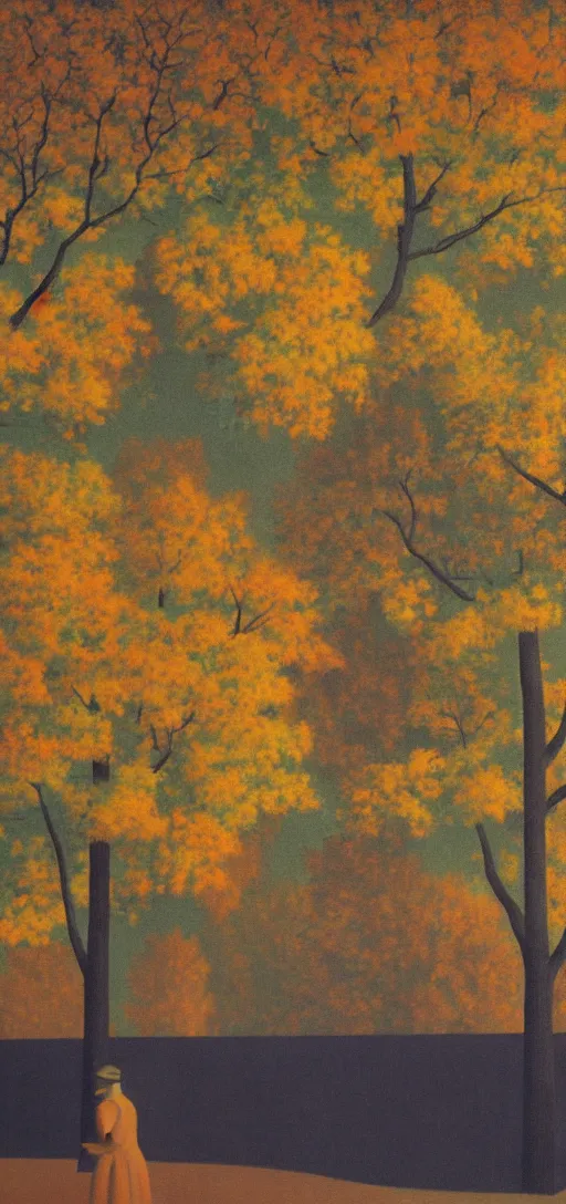 Prompt: Sunset on an autumn day in the park by Rene Magritte. Leaves falling. Shadows. Philosopher walking.