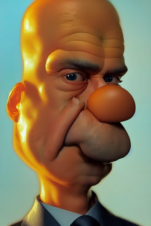 Image similar to vladimir putin as a yellow funny homer simpson, realistic portrait, symmetrical, highly detailed, digital painting, artstation, concept art, smooth, sharp focus, illustration, cinematic lighting, art by artgerm and greg rutkowski and alphonse mucha