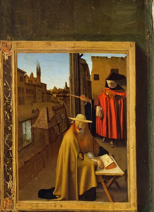 Prompt: bookchelf with curiosities, medieval painting by jan van eyck, johannes vermeer, florence