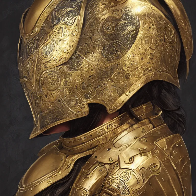 Image similar to a portrait of an attractive young female, ornate metallic helmet, clothed in battle armor, olive skin, long dark hair, beautiful bone structure, symmetrical facial features, intricate, elegant, highly detailed, digital painting, trending on Artstation, concept art, smooth, sharp focus, illustration, in the style of artgerm and greg rutkowski and alphonse mucha