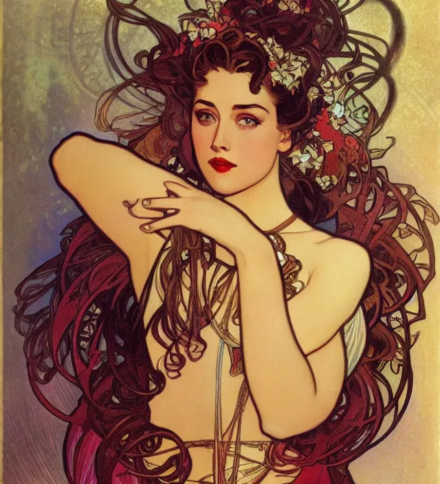 Prompt: detailed portrait of amber heard by alphonse mucha