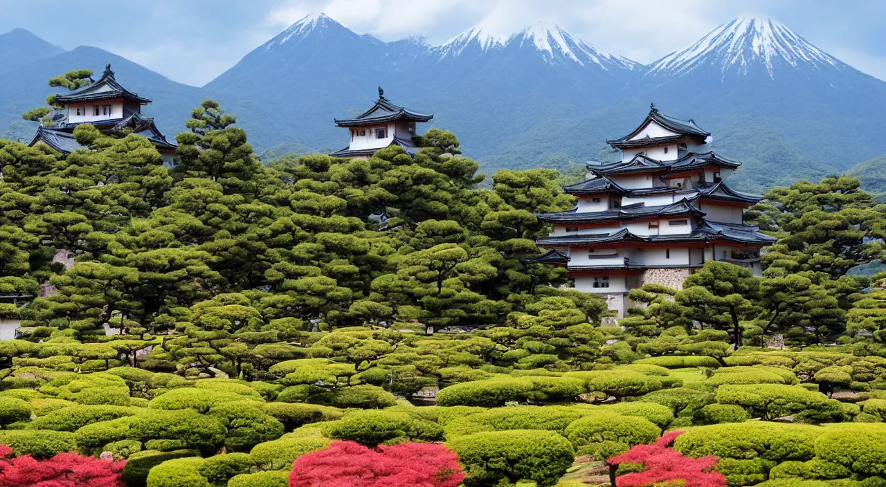 Prompt: a Japanese castle, with a garden as foreground, with mountains as background