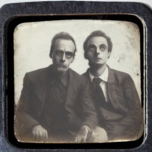 Prompt: tintype photo of rick and morty