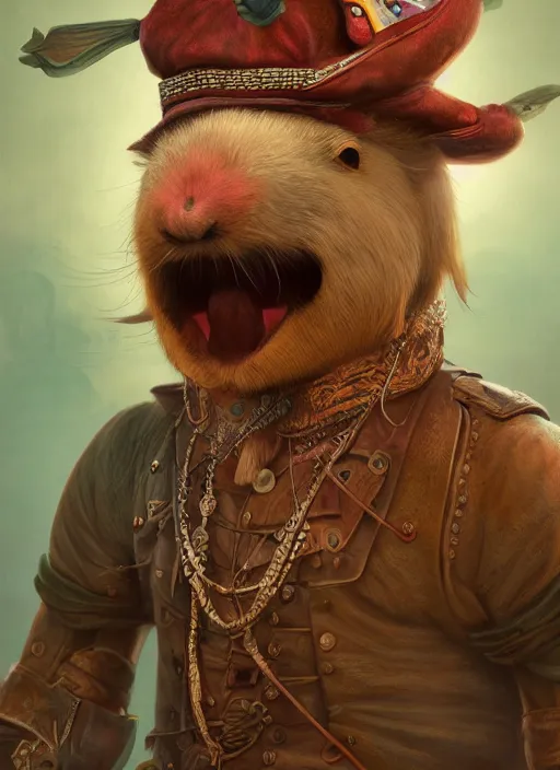 Prompt: detailed concept art illustration pastel painting of an anthropomorphic capybara pirate in full intricate clothing, ultra detailed, digital art, octane render, 4K