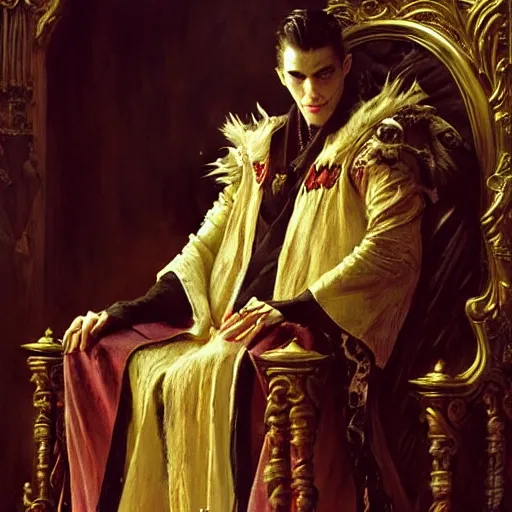 Image similar to perfectly centered portrait of attractive vampire king in a robe sitting on a throne of bones, highly detailed painting by gaston bussiere, craig mullins, j. c. leyendecker, 8 k