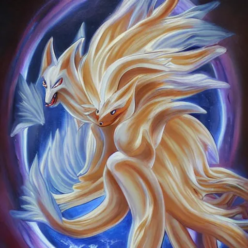 Prompt: ninetales, detailed painting, majestic pokemon