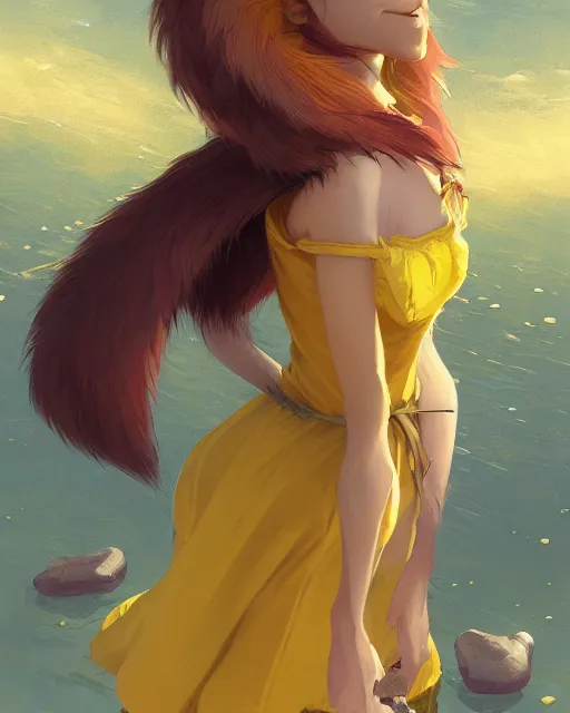 Prompt: an anthropomorphic fox girl wearing a simple yellow sundress, she has purple hair and two pointed black ears, beautiful lake background, illustration by greg rutkowski, thomas kindkade, loish, artstation, furaffinity, deviantart