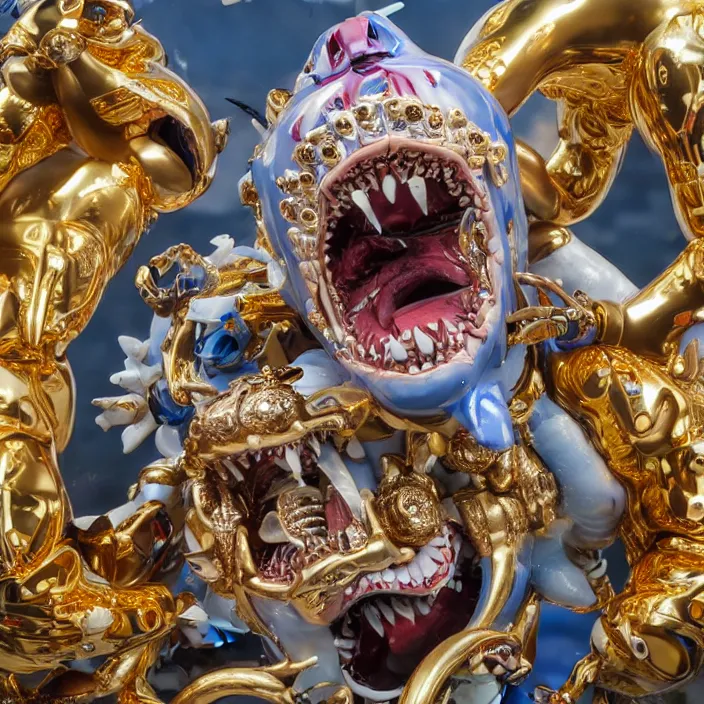 Image similar to jeff koons hip hop style street sharks wearing grillz and a ton of bussdown iced gold bling, ultra realistic, concept art, intricate details, serious, highly detailed, photorealistic, octane render, 8 k, unreal engine, art by todd mcfarlane and artgerm and greg rutkowski and alphonse mucha