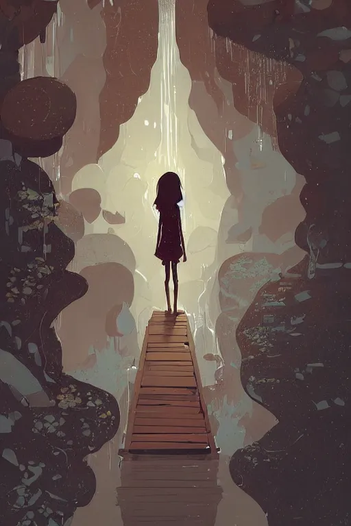 Image similar to a girl pushing a giant wooden door with archaic symbols embedded onto it, in a cave with the waterfall, digital art, illustrated by pascal campion and victo ngai