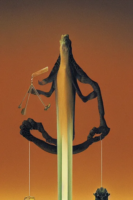 Prompt: reptilian alien hold a justice scales in the court on Mars dirty trash Edward Hopper and James Gilleard, Zdzislaw Beksisnski, higly detailed