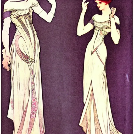 Prompt: elegant full length dress designs with natural history prints dsigned by alphonso mucha