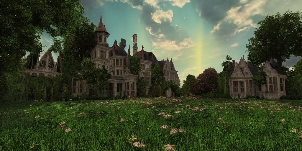 Image similar to gothic, mansion, summer clouds, dawn, flowerbeds, vines, god rays, realistic, filmic lighting, volumetric, by artstation, artemisia gentileschi, wide angle