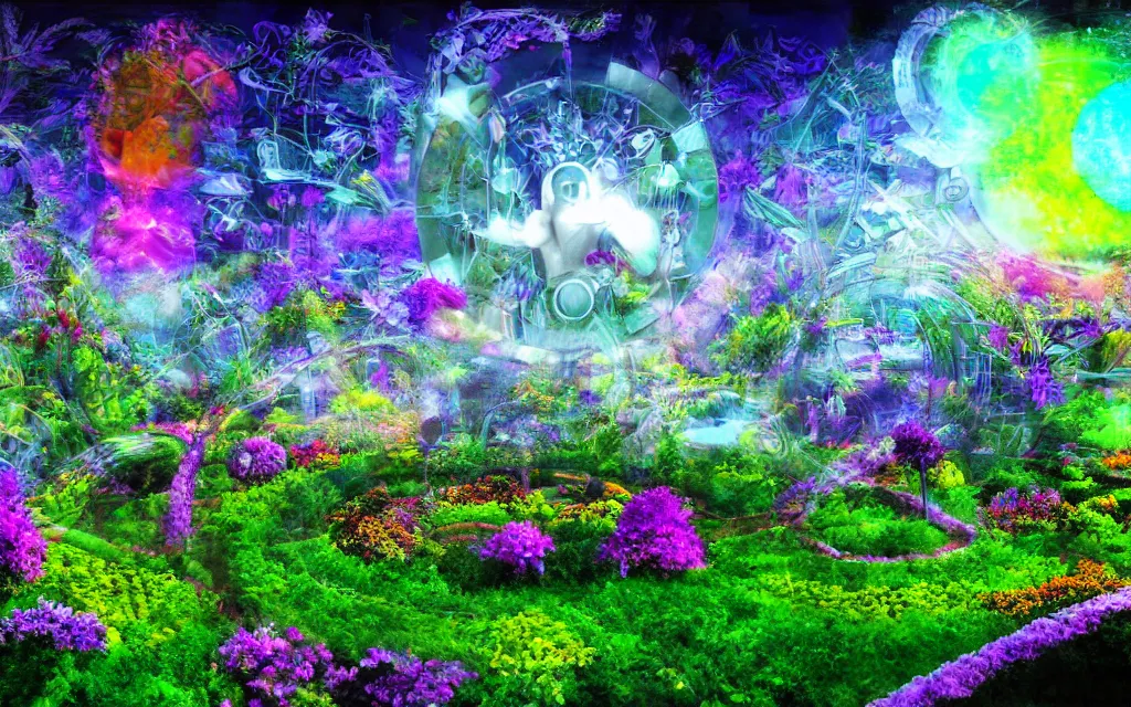 Image similar to techno - spiritual utopian futurist garden, perfect future, award winning digital art