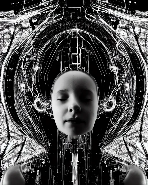 Image similar to black and white artistic photo, young female cyborg - plant goddess, microchip, artificial intelligence, bio - mechanical bio - luminescence, black wired cables, cinematic, rim light, photo - realistic, 8 k, in the style of dora maar and h. g. giger