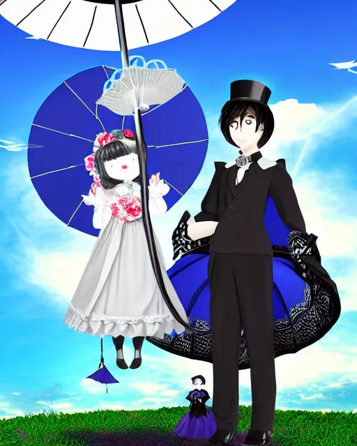 Prompt: a gothic lolita gown woman with a parasol and gothic lolita man with a suit and tie sitting on a cloud surrounded with cibi angles and by the gates of heaven 3 d digital art