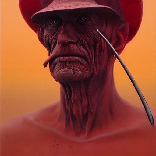 Prompt: Angry Gold Prospector portrait, dark fantasy, red and gold, artstation, painted by Zdzisław Beksiński and Wayne Barlowe