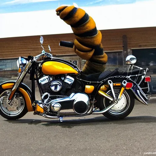 Prompt: giant bee on a Harley Davidson on the road, funny picture