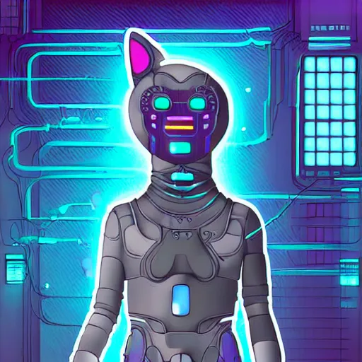 Image similar to digital art of a cyberpunk humanoid cat