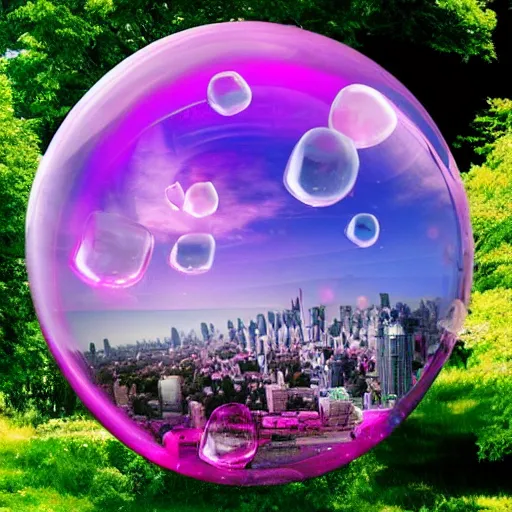 Image similar to giant pink purple bubbles with cities inside them