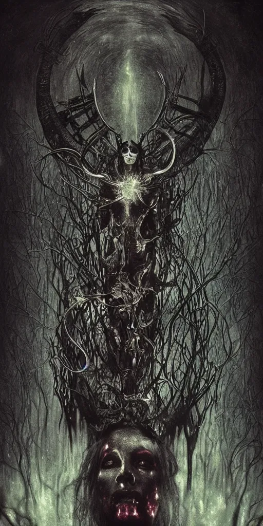 Image similar to intense glowing black metal pagan god with veins and horns and intense pure black eyes and a blood skull in very dark rusty iron cathedral by beksinski and alphonse mucha and artgerm, portrait, fantasy, clear, light beams, lens flare, intense, uhd, amazing depth, cinematic lighting, shining chrome and black and cyan