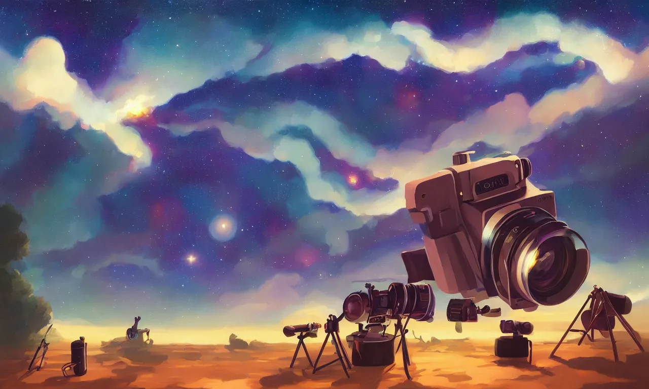 Image similar to A beautiful painting of a camera floating among stars, by RHADS, trending on Artstation