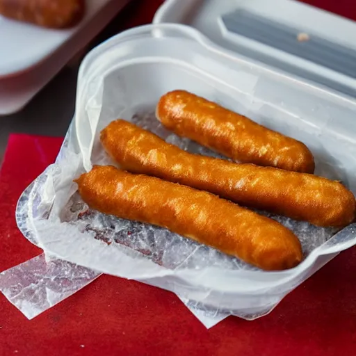 Prompt: a dutch friture snack called Frikandel Speciaal, served in a white long plastic container on a plate