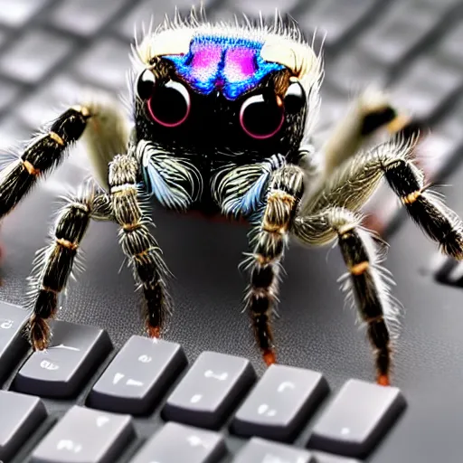 Image similar to a smart jumping spider using his computer keyboard, by pixar, macro lens, iridescent