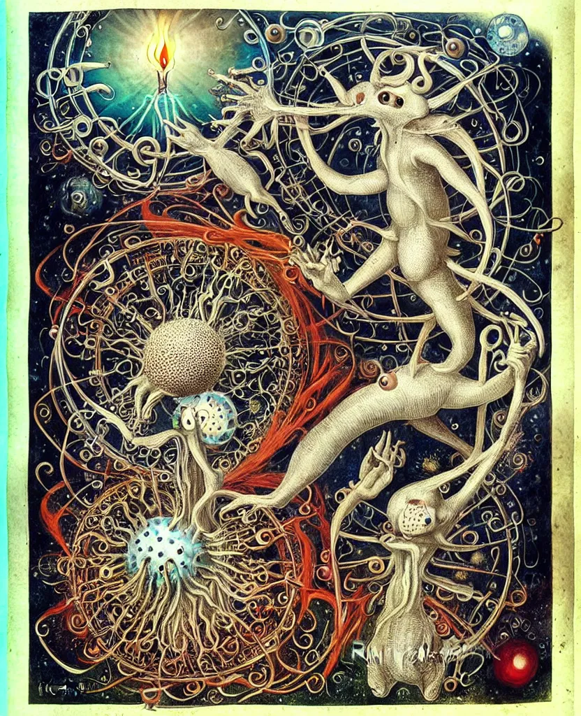 Image similar to whimsical freaky creature sings a unique canto about'as above so below'being ignited by the spirit of haeckel and robert fludd, breakthrough is iminent, glory be to the magic within, painted by ronny khalil