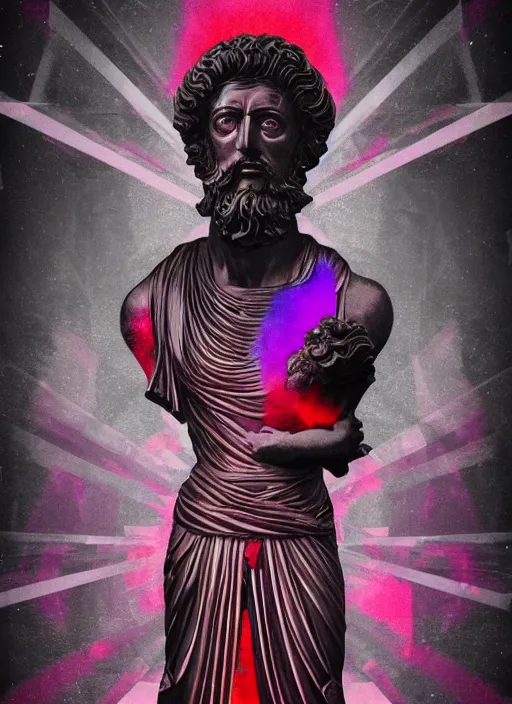 Image similar to black background with very subtle red and purple design elements, statue of marcus aurelius, powerful, nekro, graphic design, collage art, thin lines, dark, glitch art, neo vaporwave, gritty, layout frame, square, trending on artstation