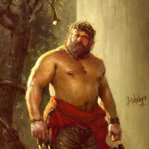 Prompt: a renaissance strongman, dopey and friendly, fantasy character portrait by gaston bussiere, craig mullins