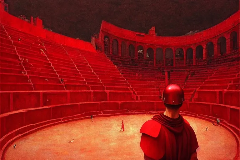 Image similar to only with red, a red gladiator in a crowded roman amphitheatre, crowd cheers him, in the style of beksinski, parts by edward hopper, parts by rodcenko, parts by yue minjun, intricate and epic composition, red by caravaggio, insane quality, highly detailed, masterpiece, red light, artstation