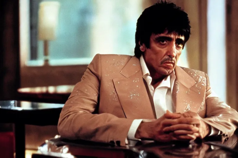 Image similar to tony montana from movie scarface 1 9 8 3 sitting at a ( big black oak table ) with ( big packages of flour ). next to the night window. ( al pacino ). perfect symmetric face, coherent eyes,, fine details, 4 k, ron cobb, cinestill