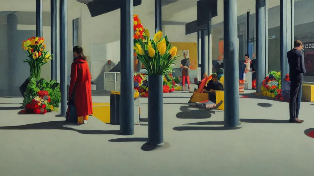 Image similar to seeral people waiting in bus stop with colorful minimalist industrial interior hallway with monolithic pillars in the style of ridley scott and stanley kubrick, impossible stijl architecture, bed of flowers on floor, ultra wide angle view, realistic detailed painting by edward hopper