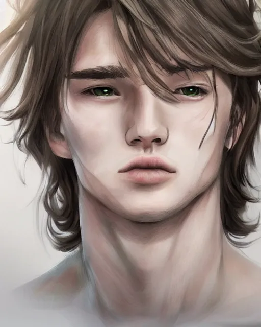 Image similar to face of a masculine young man with thin face lines, have long brown hair and green eyes, very beautiful portrait, low angle, realistic anime style and perfect art, trending on artstation, good and dramatic lighting