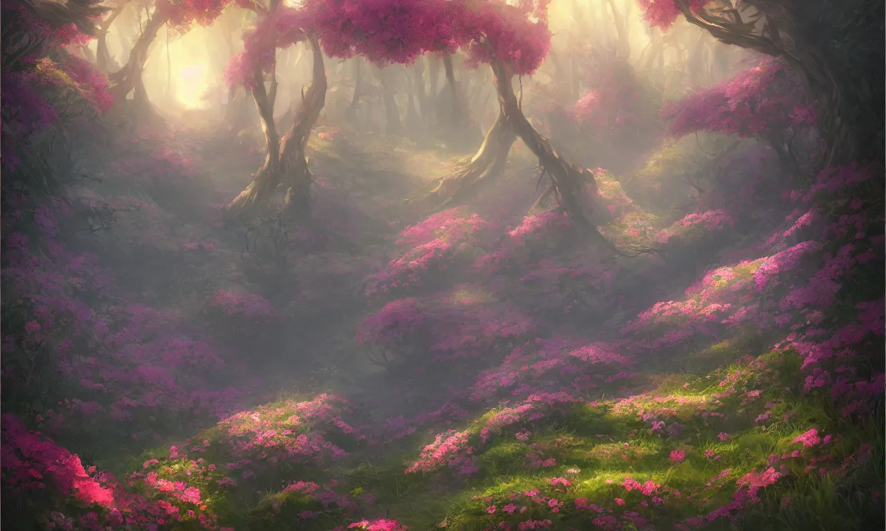 Prompt: Fabulous flowers in the forest, trending on artstation, 30mm, by Noah Bradley