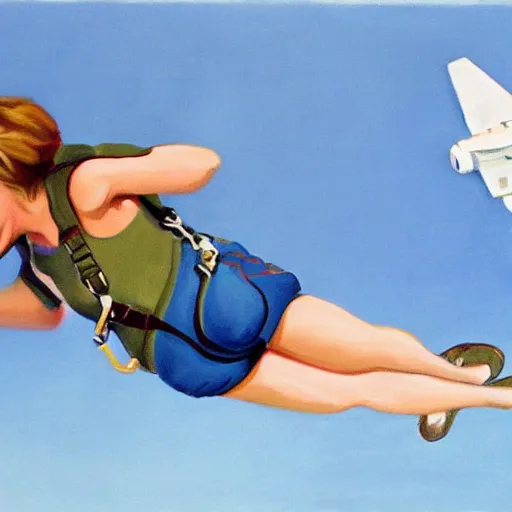 Image similar to painting of martha Stewart skydiving enthusiastically