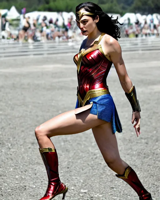 Image similar to gal gadot as wonder woman, at the 2 0 0 - meter starting line, ancient greek olympic trials, mount olympus can be seen off in the distance, sports photography in the style of neil leifer, no dof