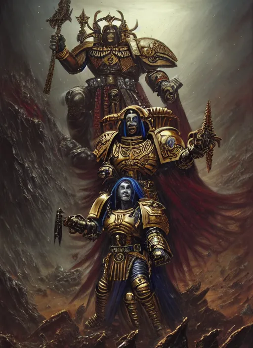 Image similar to wide shot of the emperor of mankind and horus, intricate, warhammer, warhammer 4 0 k, highly detailed, digital painting, concept art, sharp focus, illustration, muted colors, grim dark, moody, gloomy, art by john blanche, by pedro nunez, by jaime martinez, by nacho molina