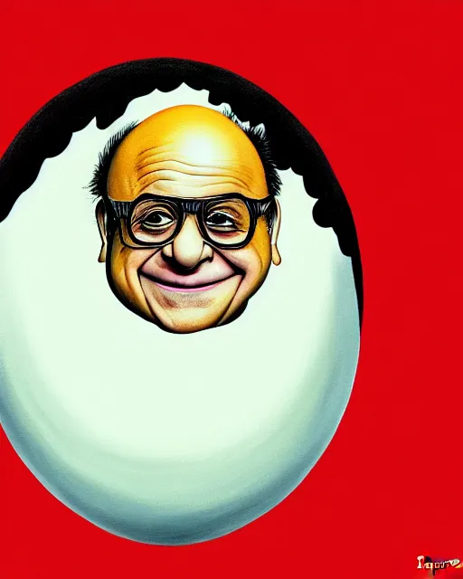 Image similar to painting portrait of danny devito as an egg, cartoon, warm lighting, danny devito has an egg body, movie poster, illustration by bartek fedyczak, erak note, tooth wu, neil richards, kan liu, siwoo kim, jisu choe, trending on art station