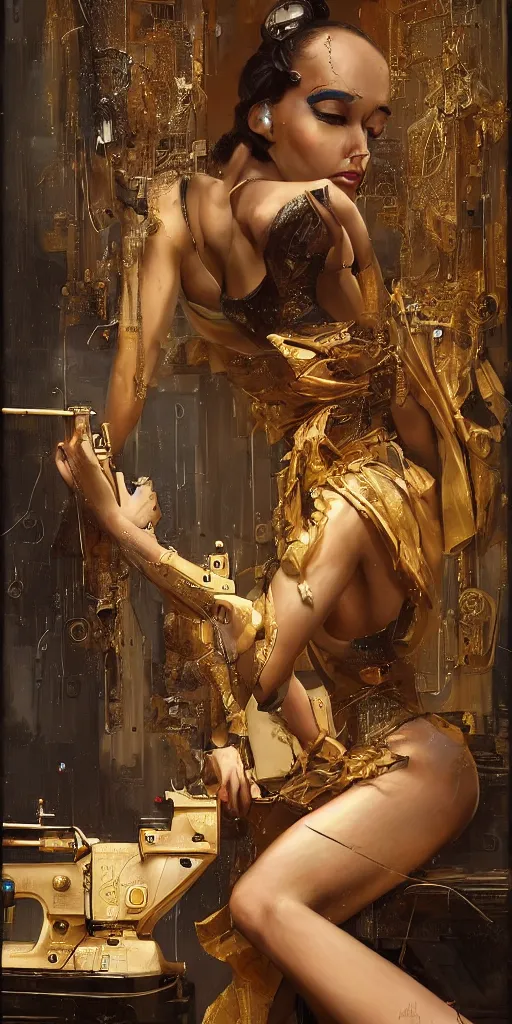 Prompt: a beautiful hyperrealistic portrait pose of a stunning cyberpunk burlesque model in a golden dress disassembling a sewing machine, intricate, elegant, highly detailed, smooth, sharp focus, award - winning, masterpiece, in the style of tom bagshaw, cedric peyravernay, peter mohrbacher