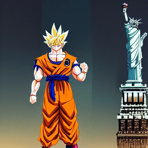 Image similar to highly detailed photo of goku wearing black tuxedo standing in front of statue of liberty, anime concept art, symmetrical face, smiling, clear nose, golden hair highly detailed, 8 k