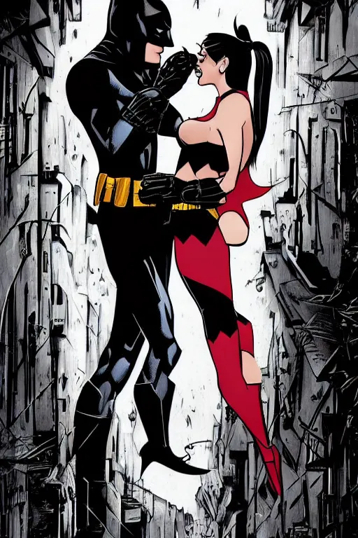 Prompt: batman kissing Harley Quinn in a dark alley in Gotham city