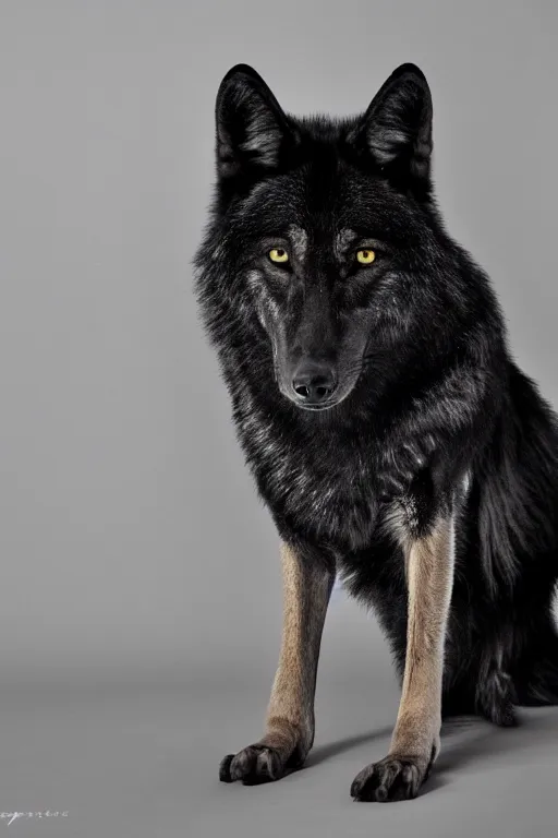 Image similar to a black wolf sitting alone with white eyes, studio lighting